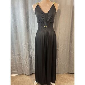 NWT Smocked Empire Sleeveless Midi Black/Gold Dress S/M whimsigoth Dark Romantic